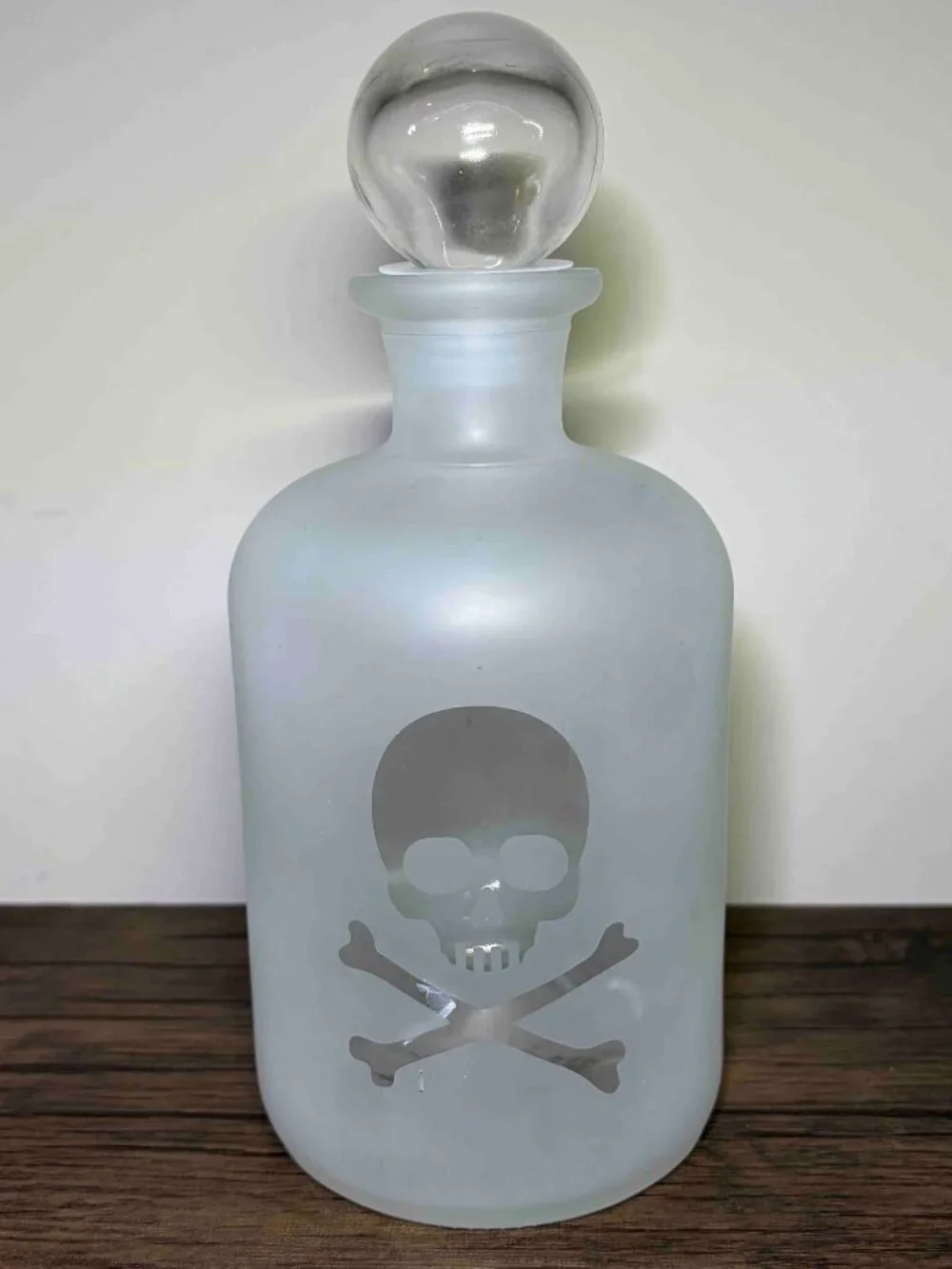 Frosted Glass Decanter Bottle Skull and Crossbones Halloween Decor